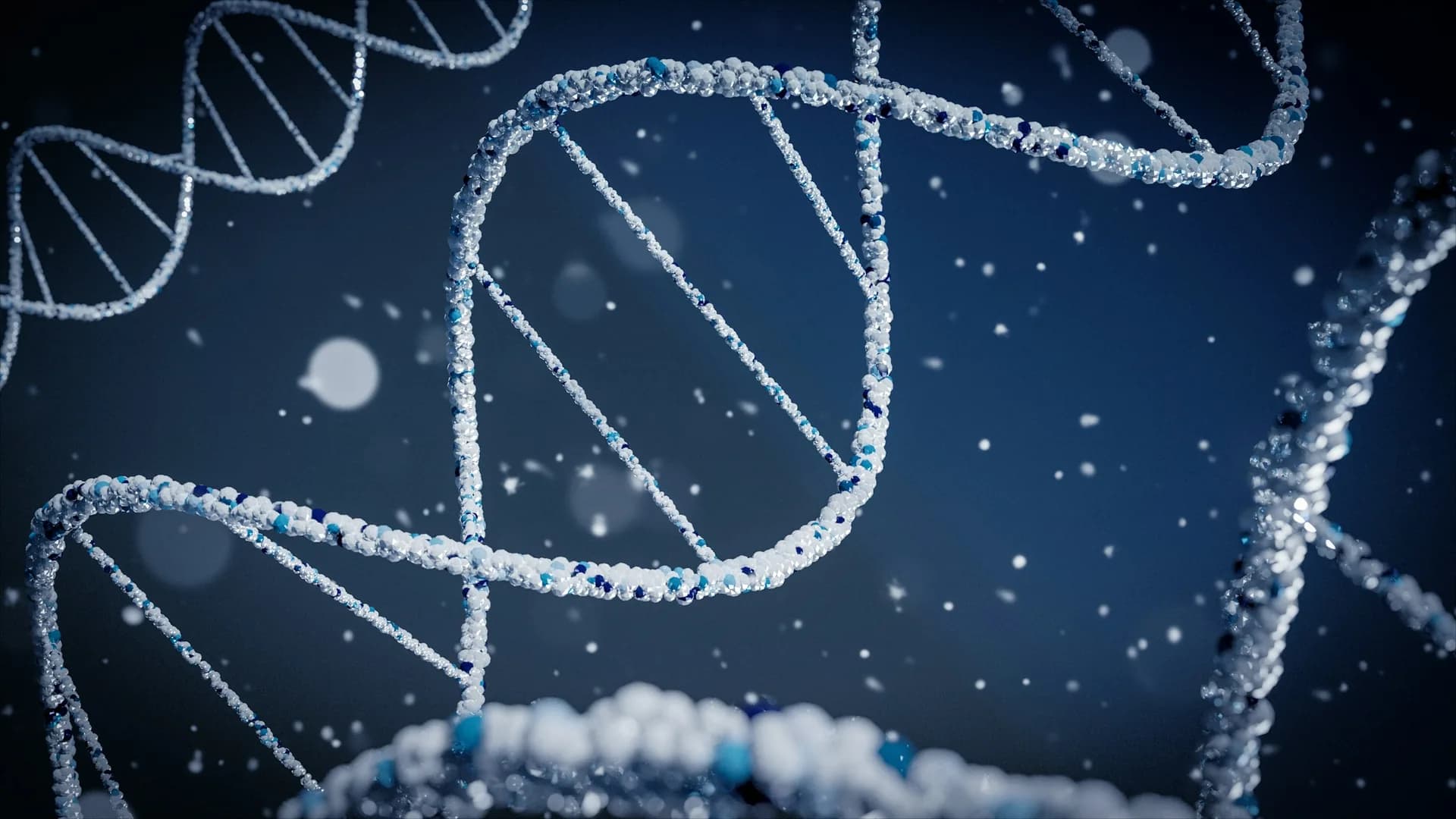 Koyu mavi arka plan üzerinde yakın çekim üç boyutlu DNA çift sarmalı görseli